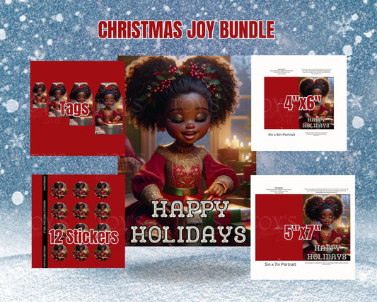 African American Girl Christmas Joy Bundle | Holiday Greeting Cards | Festive Sticker Sheet | Gift Tags for Christmas Décor and DIY Crafts