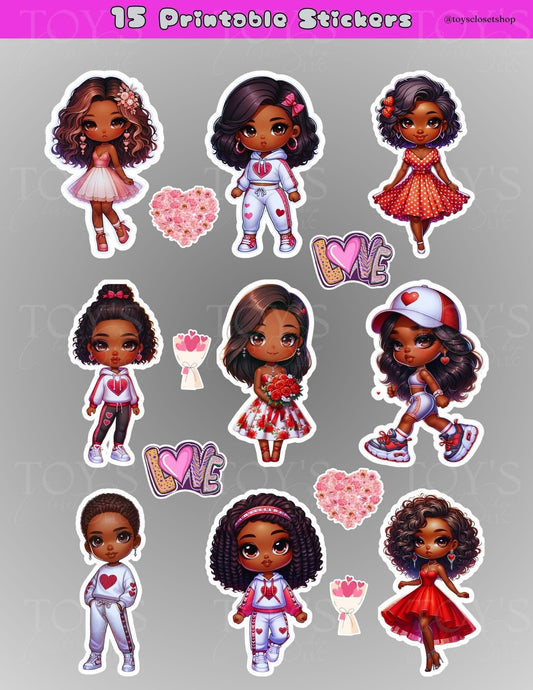 Exclusive Chibi Cuties Stickers | Set of 9 Afro AI Art | 3 inches each | Valentine's Day Theme | PNG | Instant Download  | Easy-to-follow