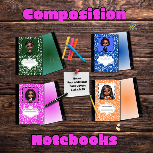 Customized Composition Notebooks | 6.25 x 9.25  Exclusive Instant Download | Perfect for BacktoSchool | Bundle | Bonus Stickers Back Covers